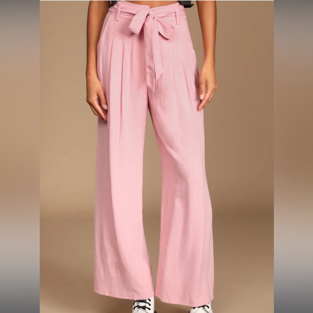 Light Pink Belted High-Waisted Wide-Leg Pants